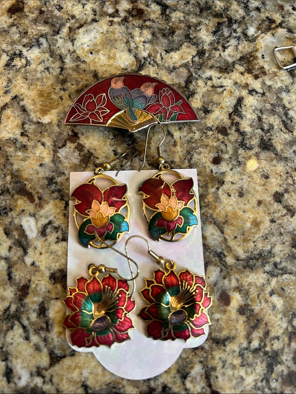 1980’s 2Pr Hook Cloisonné Floral Earrings and Fan Barette Set - Red & Green